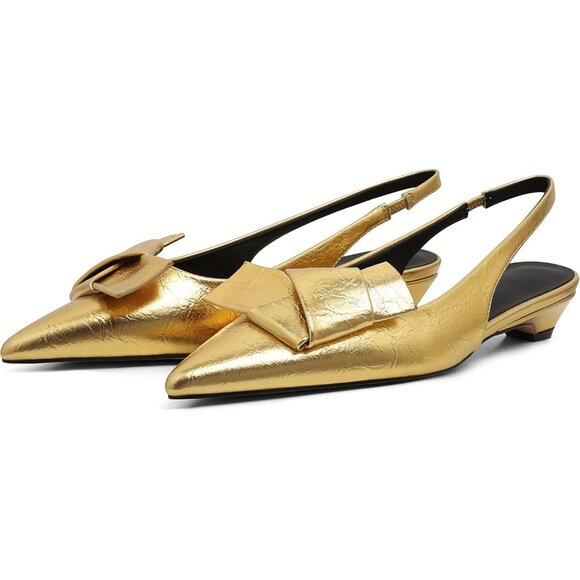 💫 Yremael Slingback Heels Women Gold Kitten Pumps Low Pointed Toe Bridal Shoes - Picture 3 of 7